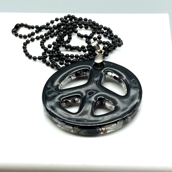 Dichroic Art Glass Peace Sign Pendant, Black White and Silver Swirl on Black - Picture 7 of 7